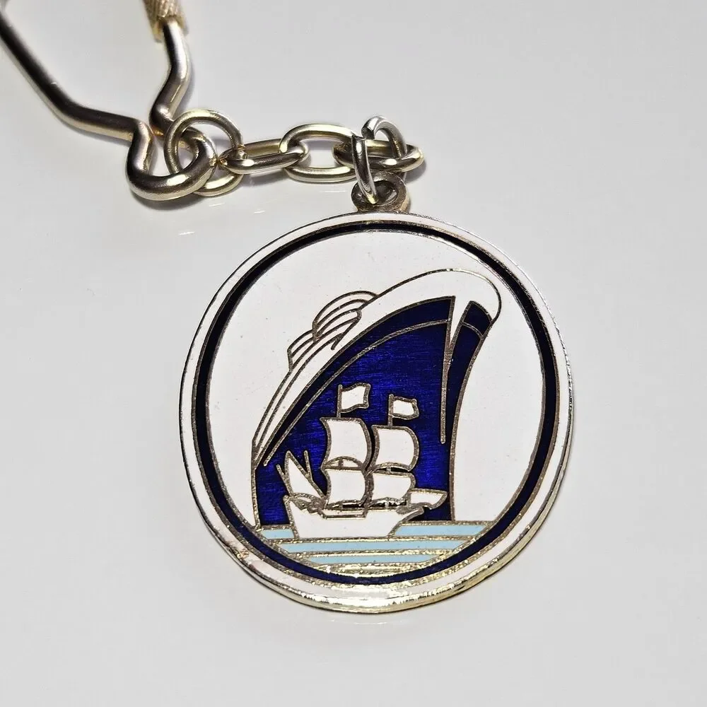 Vintage Enamel statendam Ship Oval gold tone Keychain Keyring